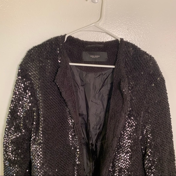 Vero Moda Starlight Jacket Black Sequin Teddy Bomber - Picture 3 of 12